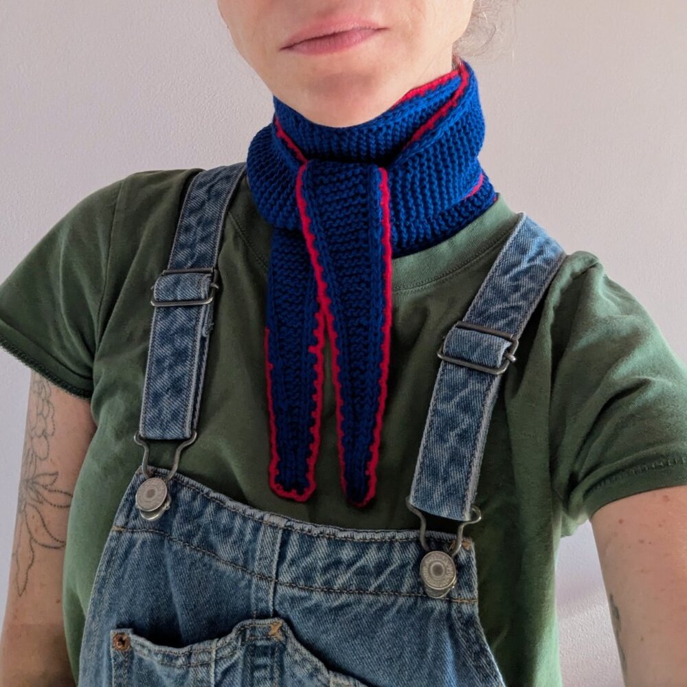 Handmade PetiteKnit Sophie Skinny Scarf Crimson & Cobalt Blue | Scandi Cool Girl - Picture 6 of 15
